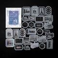 Vintage stickers met zilverfolie, monumenten en auto's op doorschijnend perkamentpapier - Reisnotities