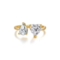Adjustable S925 sterling silver gold ring with pear and heart-shaped cubic zirconia - Size 14 (Open Adjustable) / 18K Gold