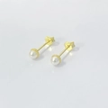 Macro shot of S925 sterling silver hallmark and white pearl stud earrings on white backdrop - 925 Silver / 3mm Gold