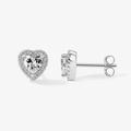 Silver-colored heart-shaped halo stud earrings with clear zircon stones on grey background - Heart Style (WE1580-B) / White Gold