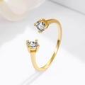 Minimalist s925 silver gold open ring with dual round cubic zirconia in four-prong setting - Adjustable Open / Gold