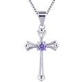 Close-up of 925 sterling silver cross pendant with a central round purple gemstone - 925 Silver / Purple Rhinestone Pendant Only (Without Chain)