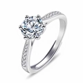 S925 sterling silver six-prong adjustable ring with brilliant 1ct round moissanite stone - Adjustable Open / White Gold