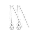 Pendientes largos de plata S925 con perlas blancas redondas y diseño minimalista - Plata de Ley 925 Perla de Concha de 8mm / Oro Blanco