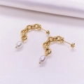Elegant S925 silver gold chain earrings with baroque pearl drops on purple silk - Full S925 Sterling Silver / Gold