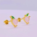 Cute S925 sterling silver peach fruit stud earrings with pink heart crystals - 925 Silver / Gold