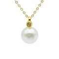 Collana in argento sterling S925 con perla bianca tonda e ciondolo con diamante lucido - Solo Ciondolo (Senza Catena) / Oro Argento S925