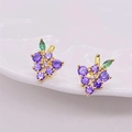 S925 silver grape stud earrings with purple crystals and green leaf on wavy surface - 925 Silver / Gold