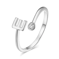 Detailed shot of an adjustable silver ring with letter E and a sparkling zircon stone - Letter E - Silver