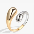 Detail of S925 silver wrap ring with asymmetric water drop ends in gold and silver - Adjustable Open / Two-tone Plating