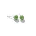 Close-up of sparkling green Shamballa stud earrings with pavé crystals and silver posts - Green Zirconia
