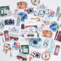 Travel theme watercolor stickers set with vintage camera and global landmarks motifs - One Person Travel