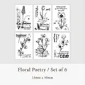 Set of 6 vintage floral stamp stickers with black and white hand-drawn flower designs - Floral World