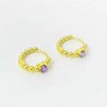 Elegant gold beaded hoop earrings featuring a central round purple zircon in 4-prong setting - 925 Silver / Purple Zirconia Gold Color