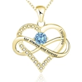 Detailed shot of golden heart infinity necklace with blue stone and 'I love you' engraving - 925 Silver (With 40+5cm Cross Chain) / March Light Blue Zirconia Yellow Gold Plated