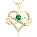 Golden heart infinity pendant necklace with green stone and 'I love you' engraving - 925 Silver (With 40+5cm Cross Chain) / May Green Zirconia Yellow Gold Plated