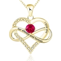 Macro shot of gold heart necklace with red ruby stone and forever engraved text - 925 Silver (With 40+5cm Cross Chain) / July Rose Red Zirconia Yellow Gold Plated