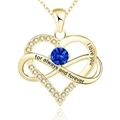 Close-up of golden heart and infinity necklace with blue stone and love engravings - 925 Silver (With 40+5cm Cross Chain) / September Dark Blue Zirconia Yellow Gold Plated