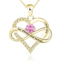Detailed view of silver infinity heart pendant with pink stone and I Love You engraving - 925 Silver (With 40+5cm Cross Chain) / October Pink Zirconia Yellow Gold Plated