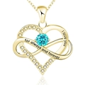 Detail of heart and infinity necklace with blue stone and 'I love you' engraving - 925 Silver (With 40+5cm Cross Chain) / December Sea Blue Zirconia Yellow Gold Plated