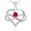 Macro shot of 925 silver infinity heart necklace with red stone and I love you engraving - 925 Silver (With 40+5cm Cross Chain) / July Rose Red Zirconia White Gold Plated