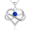 Macro detail of 925 silver heart infinity necklace with blue gemstone and engraving - 925 Silver (With 40+5cm Cross Chain) / September Dark Blue Zirconia White Gold Plated