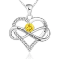Close-up of silver heart necklace with infinity symbol and yellow gemstone inlay - 925 Silver (With 40+5cm Cross Chain) / November Yellow Zirconia White Gold Plated