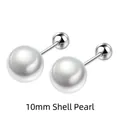 Detailed view of 10mm round white shell pearl stud earrings with S925 silver screw back - 925 Silver / 10mm