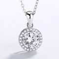 Silver halo pendant necklace with a large round central zircon and small pavé stones - Pendant Only (Without Chain) / White Gold