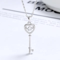 Collana chiave a cuore in argento sterling S925 con pietra lucida e catena sottile - Oro Bianco (Ciondolo Solo (Senza Catena)) / Argento 925