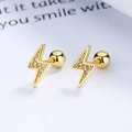 925 Sterling Silver Lightning Bolt Stud Earrings with White Zircon and Screw Ball Backs - 925 Silver / Gold