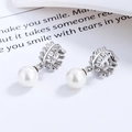 Pendientes elegantes de plata 925 con diseño de hoja y perlas blancas para mujer - Plata 925 / Oro Blanco/Par
