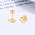Golden heart-shaped studs featuring LOVE engraving and sparkling pavé crystals - Stud Earrings / Gold
