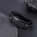 Men's multilayer black braided leather bracelet with twin crowns and magnetic clasp - 17cm