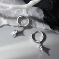 Minimalist silver hoop earrings with 3D star charms and zircon center on a white background - Silver Four-Pointed Star Pendant Style (X063【A-Star Earrings】)