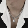 Detail of silver chain necklace with rectangular zircon pendant worn over a suit - Square Necklace (L066-A)