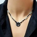 Retro beaded necklace with grey marble donut pendant and black stone beads on male model - Ink Pattern (L160-A)