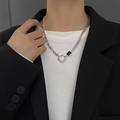 Collana in acciaio al titanio argento con catena cubana spessa e ciondolo nero geometrico - Collana di strass neri irregolari (acciaio al titanio)
