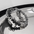 Double-layered natural stone bracelet with matte black beads and silver OT-buckle chain - Obsidian Double-layer Style (S096-A)