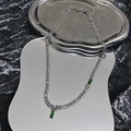 Polished silver Figaro chain necklace with emerald green rectangular zircon stones - Emerald Gemstone Necklace (L249-A)