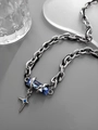 Collar de doble capa en acero de titanio con cristal azul y colgante de cruz de circón - Collar de Estrella de Circonia Azul (L054-B)