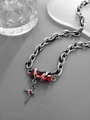 Collar de acero de titanio con gema roja y colgante de estrella plateada en cadena - Collar de Estrella de Circonia Roja (L054-C)