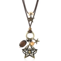 Vintage long sweater necklace with spider pendant and star charms on brown wax cord - Dark Brown