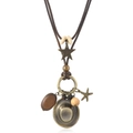 Vintage western cowboy necklace with bronze hat pendant, wooden beads and wax cord - Dark Brown