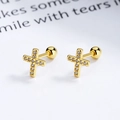 925 silver gold cross stud earrings with sparkling cubic zirconia and ball back closure - Gold