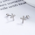 925 silver cross screw-back stud earrings with pavé set zircons for helix piercing - White Gold