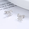 925 silver bow stud earrings with hollow heart pattern and secure screw ball backs - White Gold/Pair
