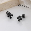 S925 sterling silver black cross stud earrings with screw ball backs in gothic style - Cross Flower/Black Gold