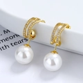 Elegant gold double hoop earrings with sparkling zircon crystals and white pearls - Gold/Pair