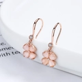 Rose gold four-leaf clover drop earrings with pink opal flower and zircon accents - White Stone / Rose Gold